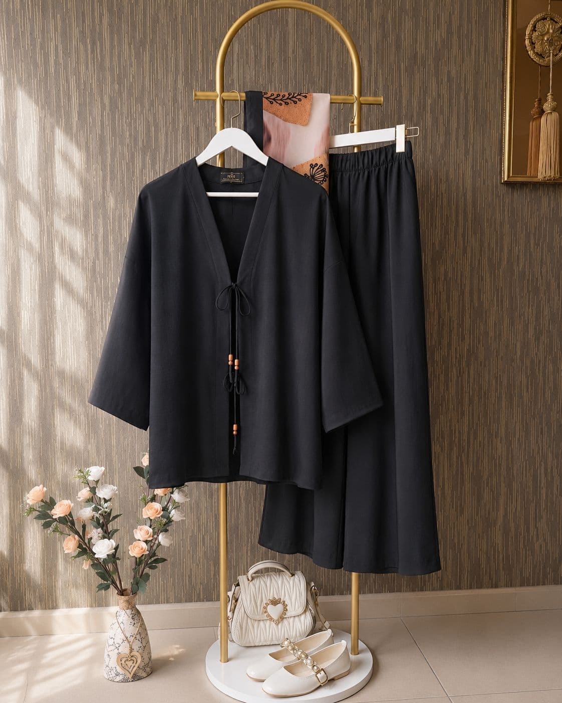 Nazenin Keten Siyah Kimono İkili Takım