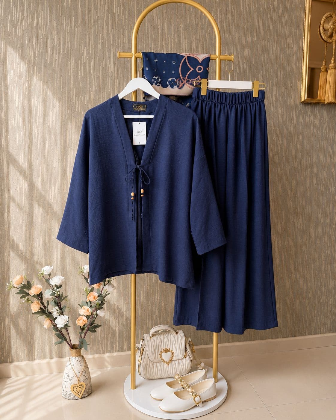 Nazenin Keten Lacivert Kimono İkili Takım