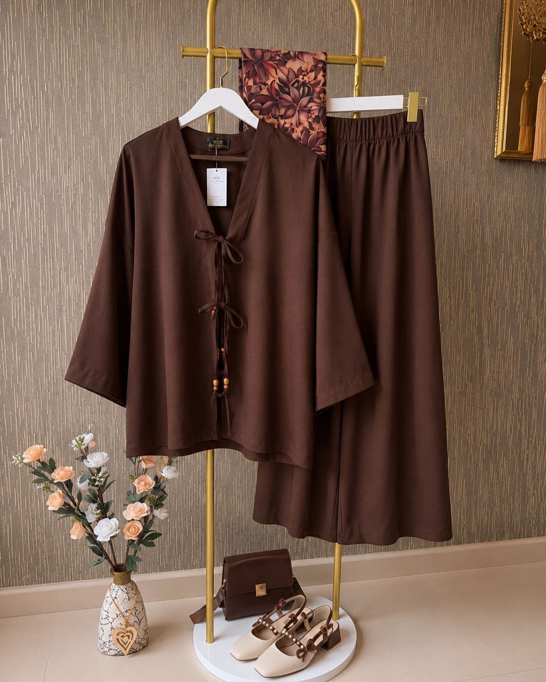 Nazenin Keten Koyu Kahve Kimono İkili Takım