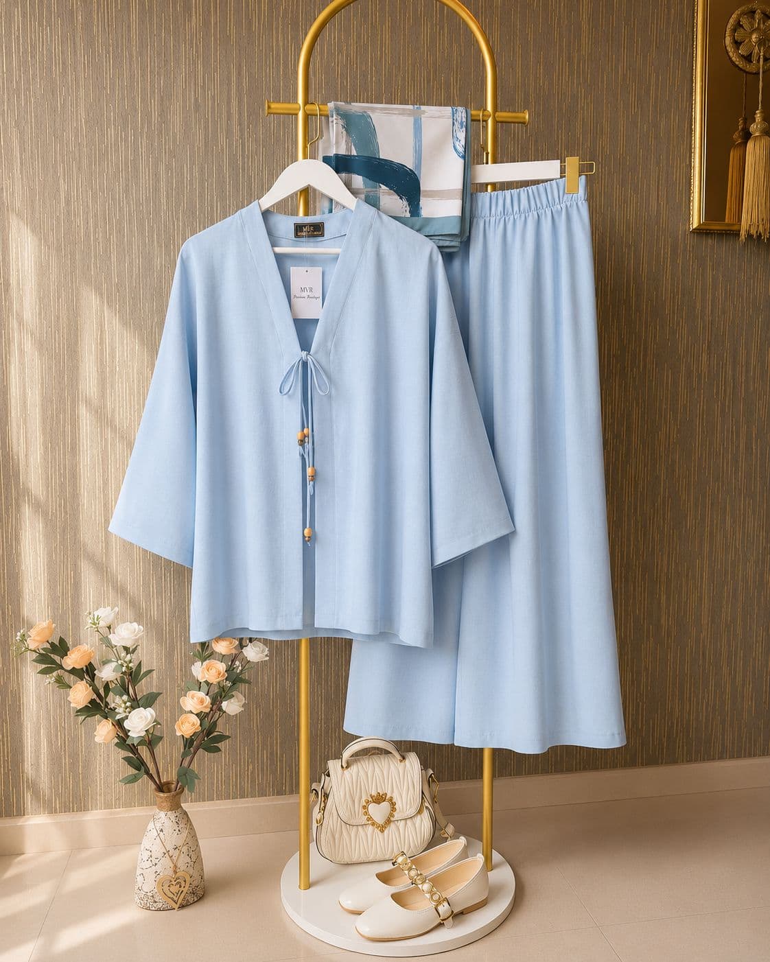 Nazenin Keten Bebe Mavisi Kimono İkili Takım
