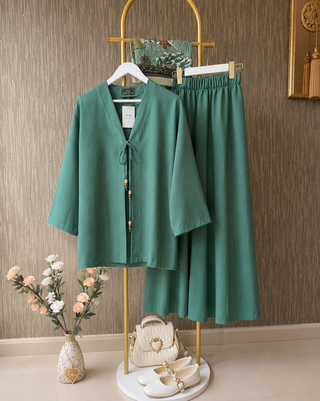 Nazenin Keten Koyu Yeşil Kimono İkili Takım