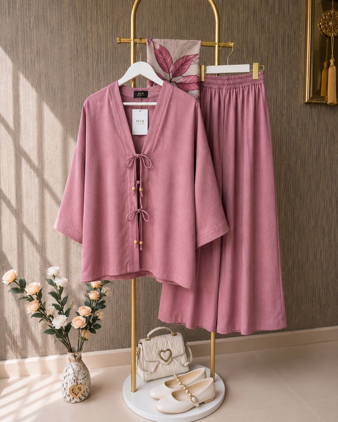 Nazenin Keten Gül Kurusu Kimono İkili Takım