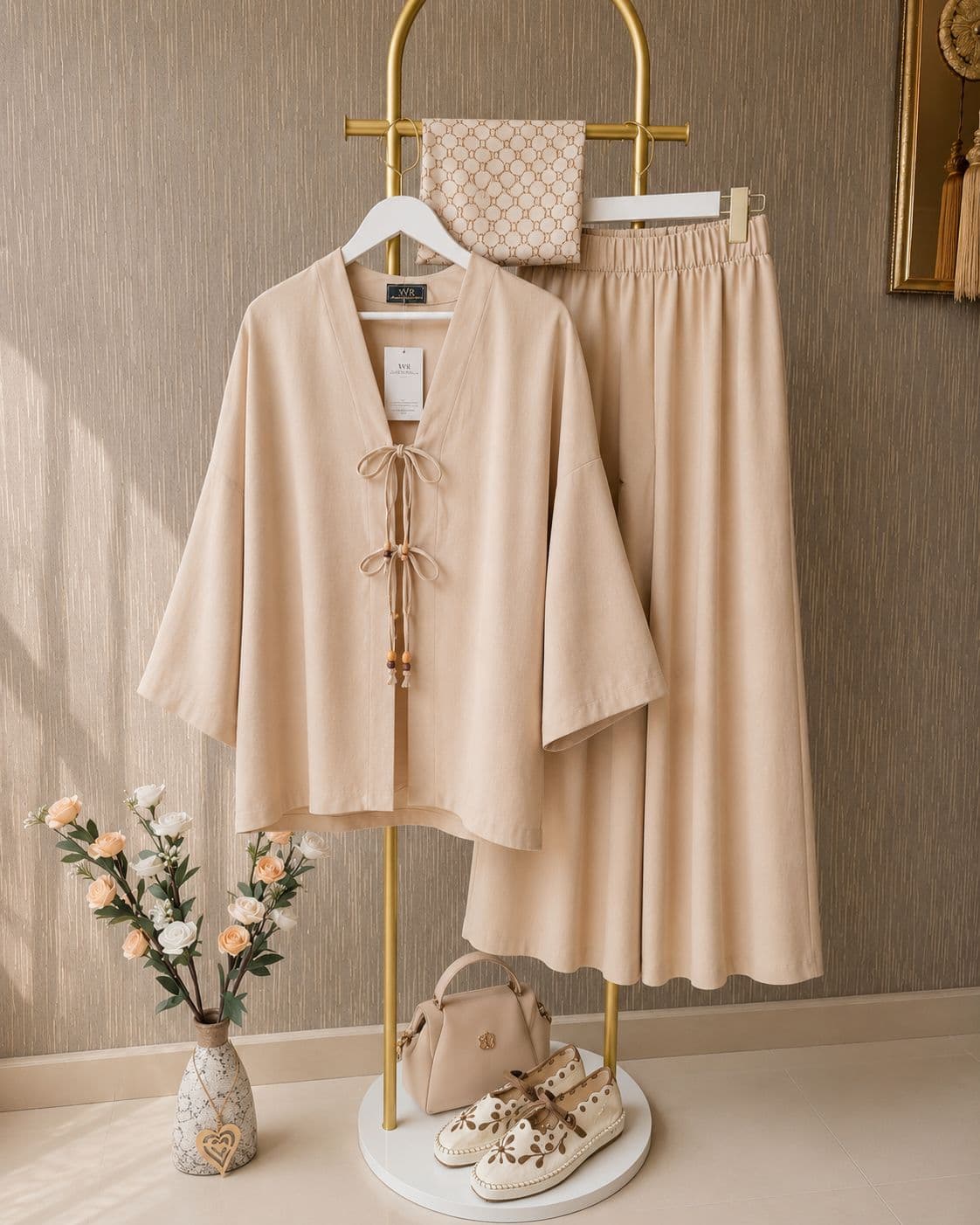 Nazenin Keten Bej Kimono İkili Takım